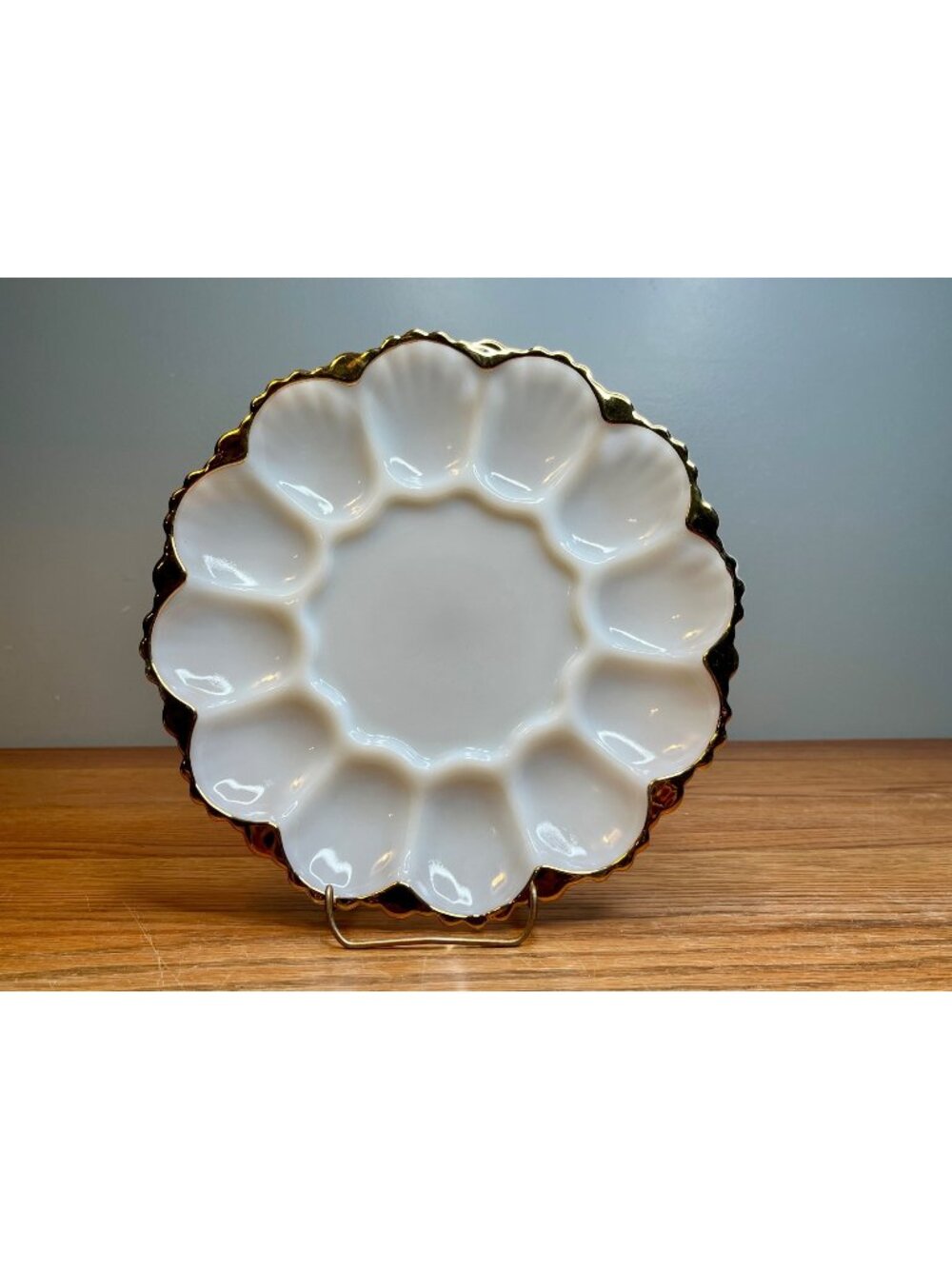Vintage Anchor Hocking Milk Glass Deviled Egg Plate, Gold Trim